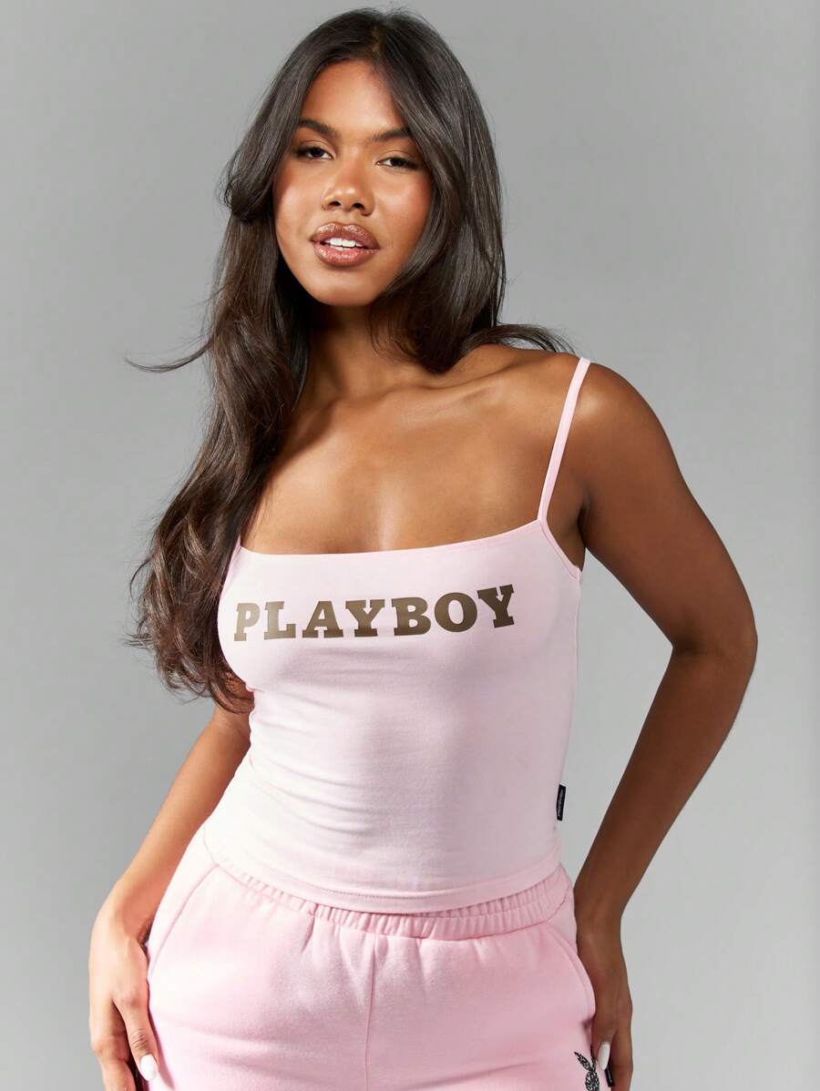Missguided x Playboy 徽标吊带背心运动夏季家居服修身细肩带背心健身街头装无袖基本款健身吊带背心