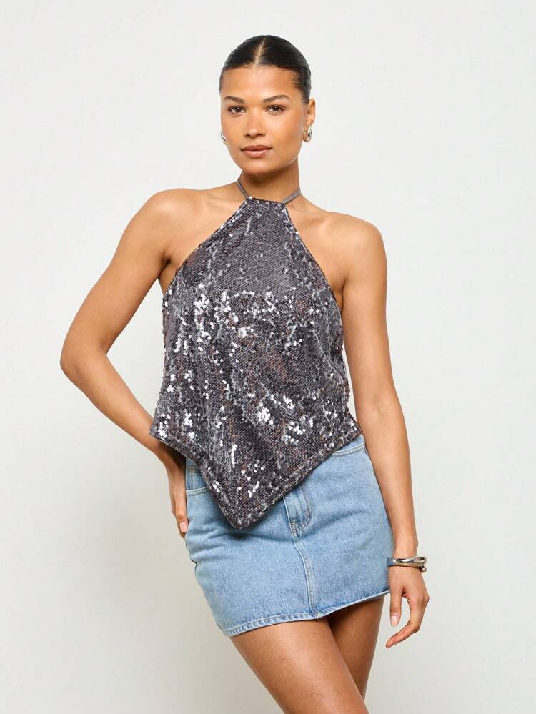 Glamorous Sparkly Sequin Asymmetric Halter Neck Cami