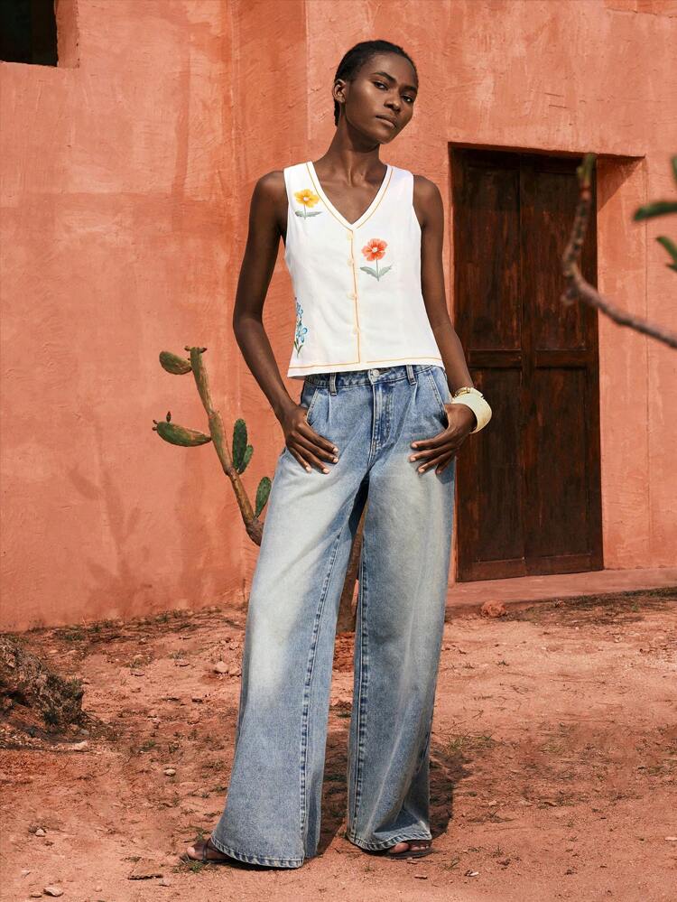 SHEIN Maija Floral Print Sleeveless V-Neck Summer Tank Top For Women, Casual And Comfortable, Suitable For Vacation And Beach, Spring/Summer