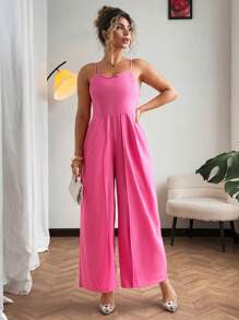 Flirla Bộ đồ liền thân ống rộng màu trơn cỡ lớn, mùa hè - Hồng - Xem 3