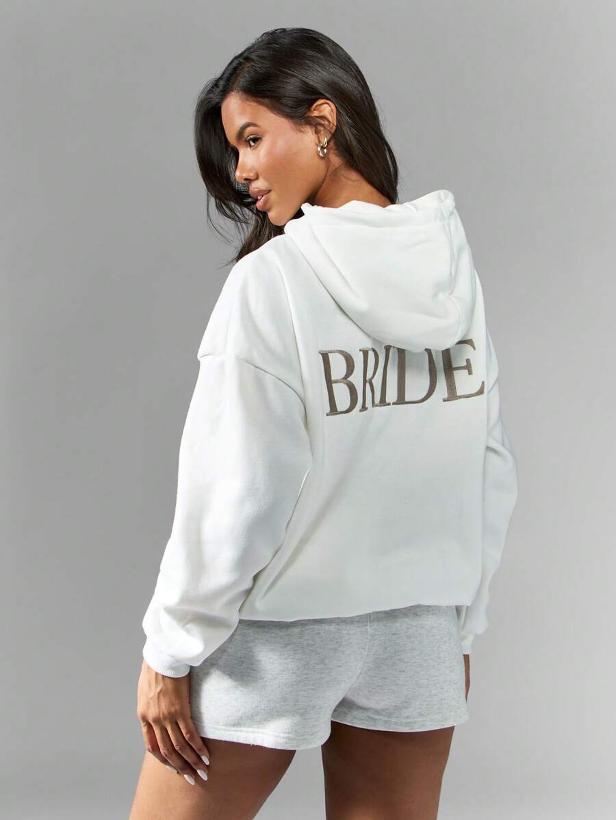 SHEIN Unity Oversized Embroidered Bride Hooded Sweatshirt - White - View 1