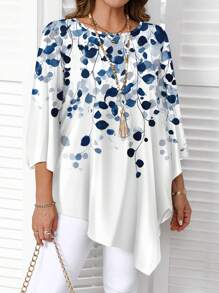 EMERY ROSE Plus Size Blue And White Leaf Print Casual Loose Fit Button Down Shirt, Spring/Autumn Chic Blouses For Women - Multicolor - View 4