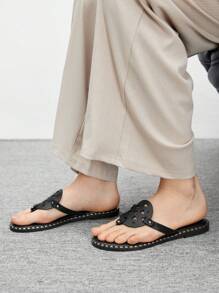 CUCCOO BIZCHIC Punk Style Women PU Leather Round Toe Hollowed-Out Rivet Decor Flat Gladiator Sandals - Black - View 5