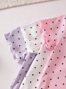 SHEIN Playful Pals 女童波尔卡圆点短袖上衣和短裤三件套，适合幼儿的时尚夏季服装 - 彩色 - 查看 4