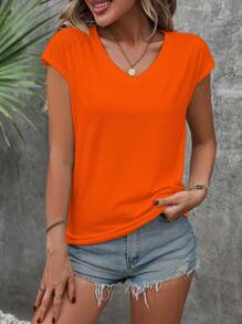 SHEIN LUNE Áo thun cổ chữ V màu trơn đa năng giản dị, mùa hè - Màu Cam san hô - Xem 4