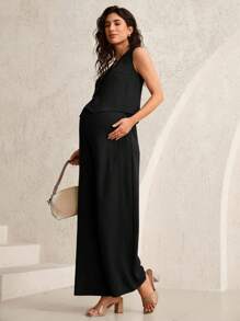 MaterniWear Maternity Two Pieces Suits Maternity Clothes>Two-Piece Suits,Maternity Set Maternity Work Clothes Maternity Summer,Maternity Pants Maternity Tops,
2pcs Maternity Office Outfits For WomenSolid Color Single-Breasted Waistcoat & Adjustable Waist Pants  Simple Set Summer - Black - View 3