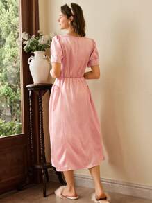 女士纯色蕾丝拼接短袖睡裙，夏季 - 粉色 - 查看 2