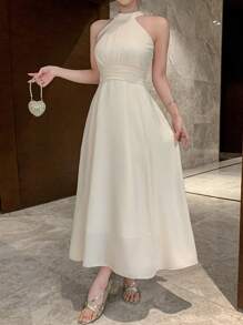 DAZY Solid Color Halter Tie Neck Midi Dress For Women Wedding Women Dresses Prom Dress