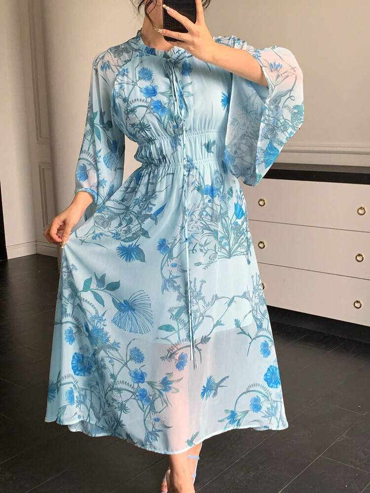 Full Floral Print Bell Sleeve Pleated Tie Waist Dress For Women Fall,Winter