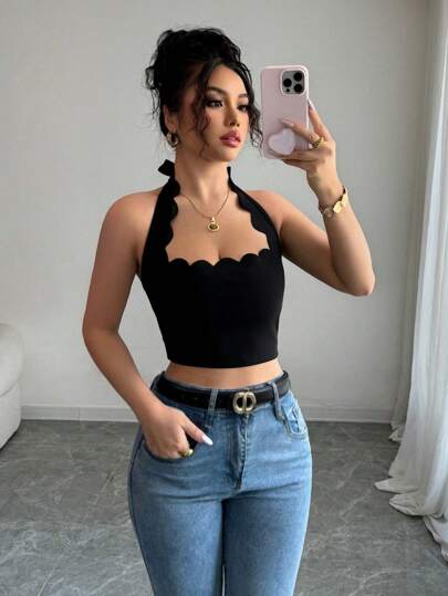 INAWLY Top corto con escote halter, volantes y atar para mujer, ideal para vacaciones