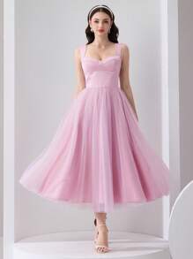 Modelyn Elegant & Romantic Lotus Root Powder Satin And Mesh Patchwork Mid-Calf Dress  Wedding Guests Summer Graduation Dress - Dusty Pink - View 3