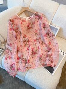 Chiquease Floral Print Mesh Long Sleeve Round Neck Blouse, Fashionable For Women, Summer Fall Cloth For Women