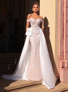 Glamrae Elegantes luxuriöses besticktes Kleid mit Pailletten-Applikationen, Spitze, Patchwork und Satinbesatz im Meerjungfrauenstil mit großer Schleife und Schleppe, geeignet für Hochzeit, Party, Flitterwochen, Braut - Beige - Übersicht 5