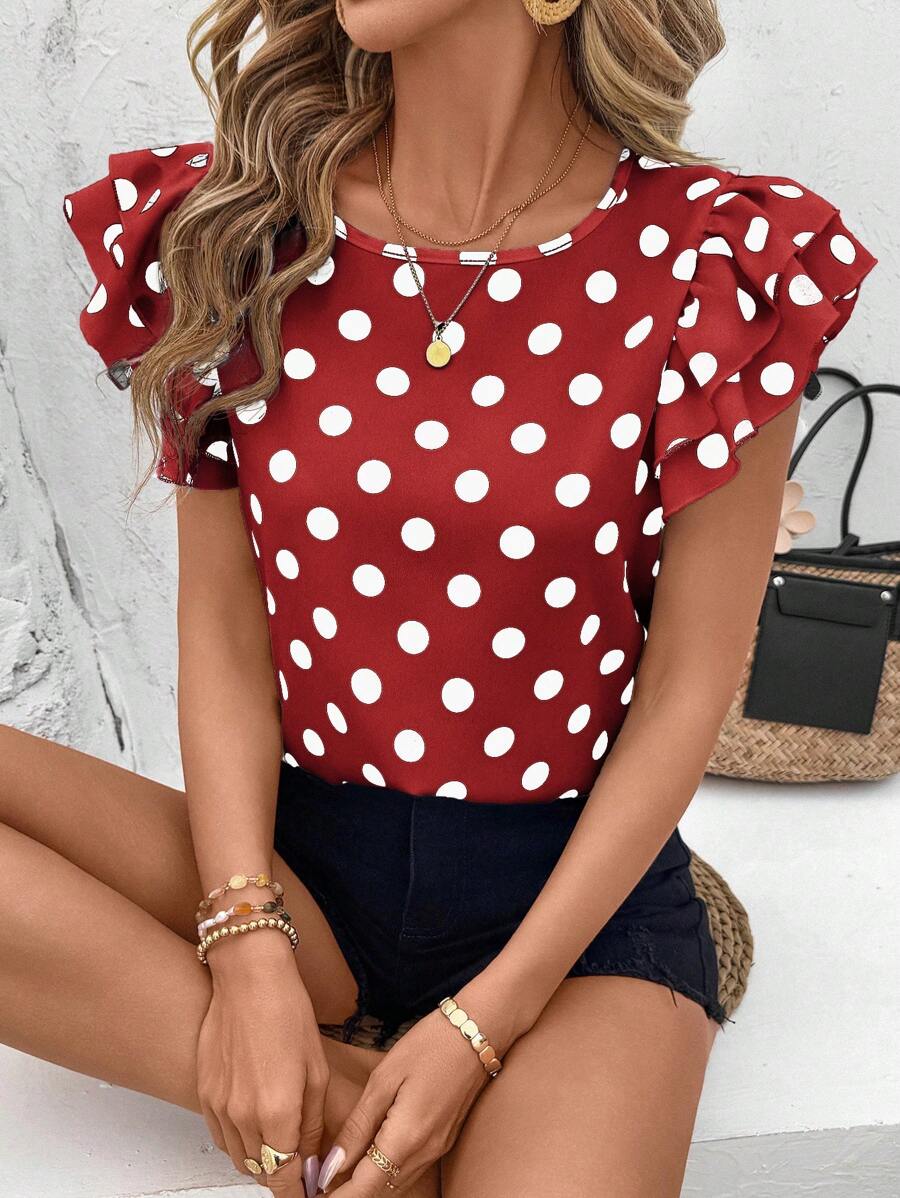 SHEIN LUNE Blusa casual con doble capa de volantes en la manga y estampado de lunares, para todas las temporadas - Rojo - Ver 1