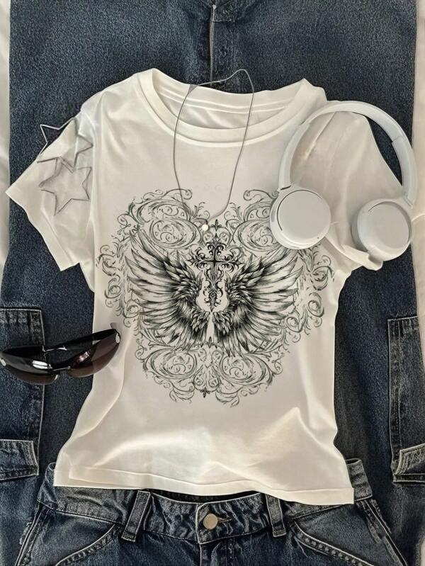 SHEIN Girls Guitar Graphic White Short Sleeve, Casual & Comfortable, Summer