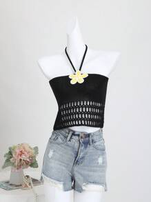 Sweetra Women's Sweet Style Black Hollow Lace Halter Tie Embroidered Knit Blouse, Spring/Summer - Black - View 1