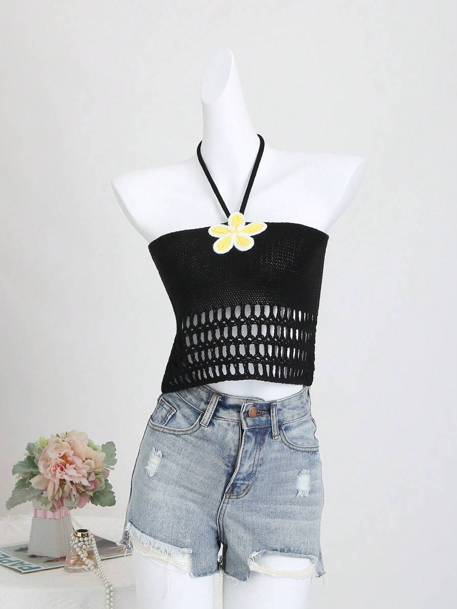 Sweetra Women's Sweet Style Black Hollow Lace Halter Tie Embroidered Knit Blouse, Spring/Summer - Black - View 1