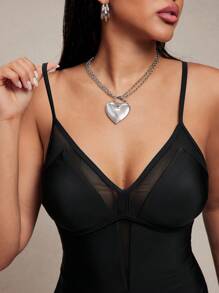 SHEIN Swim Costume da bagno intero con controllo addominale, realizzato in rete e pizzo, con lacci sulla schiena