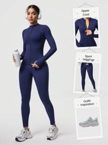 SHEIN Sports Women Solid Color Zipper Mock Neck Top & Pants Yoga Suit Set - Navy Blue - View 4