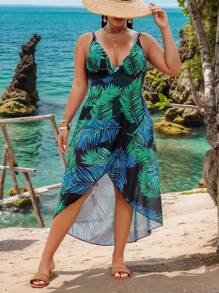 Swim Lushoire Coprispalle da spiaggia in stile kimono da donna taglie forti, con stampa di foglie tropicali e motivo casual, con spalline sottili e schiena scoperta, adatto per vacanze