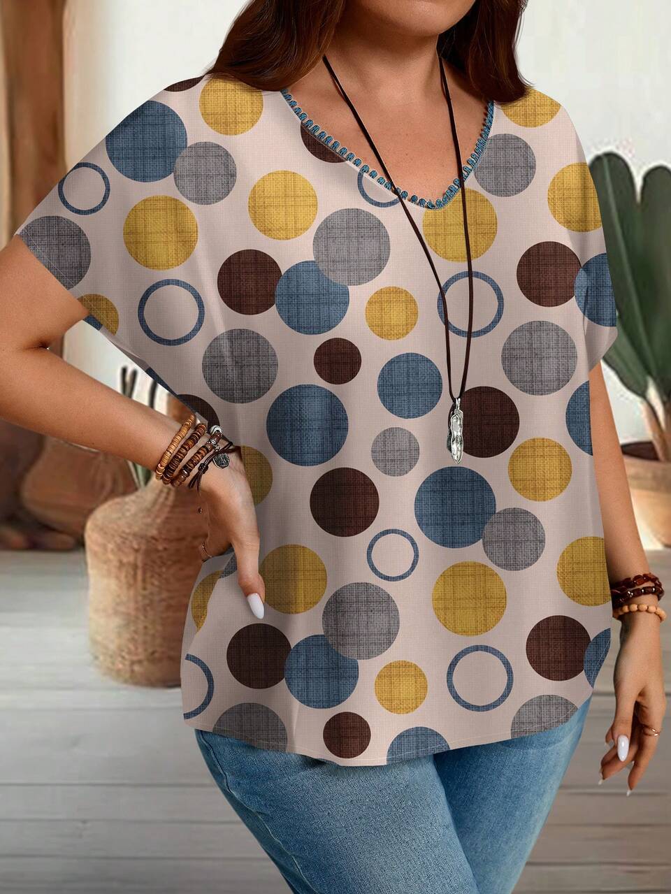Plus Size Beige Boho Summer Vacation Holiday Blouse,Drop Shoulder Geometric Pattern V-Neck Lace Patchwork Rural Casual Loose Fit Country Concert Top