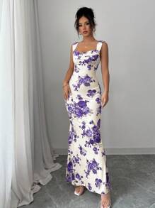 Elenzga Women's Elegant Floral Full Print Dress With V Neck