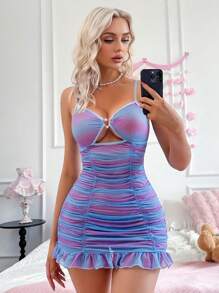 PetitDoll Set de 2 piezas Vestido de tirantes transparente y sexy con volantes y recortes calados, talla grande tanga lencería para mujer