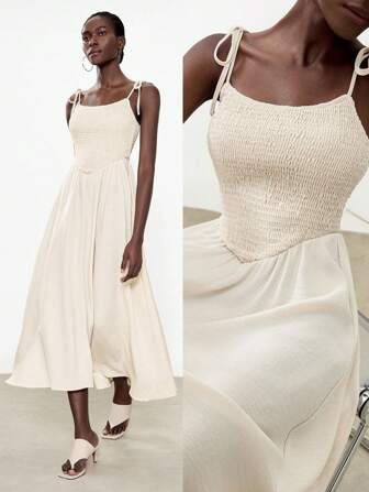 Lumivelle Vestido largo de lino beige estilo bohemio, elegante y romántico, ideal para vacaciones, viajes, uso diario en el hogar, graduación y conciertos para mujeres, de cintura elástica y corte holgado, para primavera y verano