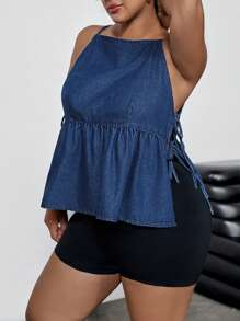 SHEIN ICON Plus Size Summer Casual Ruffle Hem Side Tie Denim Blouse - Blue - View 1