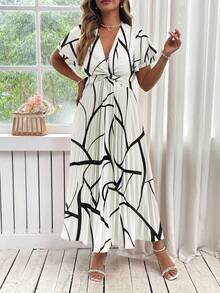 Flirla Vestido acampanado de talla grande para mujer con escote en V, manga corta, cintura ceñida y plisado - Blanco y Negro - Ver 5