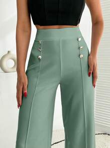 EURMUSE White Wide Leg Pallazzo Pant With Button Detail - Mint Green - View 6