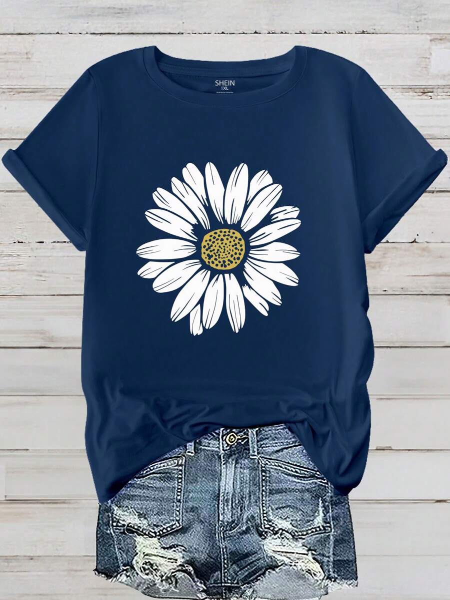 EMERY ROSE Plus Size Women Daisy Print Round Neck Short Sleeve T-Shirt - Navy Blue - View 1