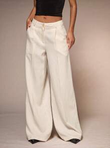 Glamine 女式杏色亚麻混纺休闲办公室时尚口袋直筒阔腿裤 - 杏色 - 查看 7