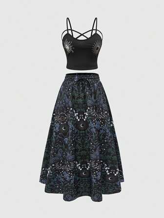 Goth Conjunto de 2 piezas para mujer de talla grande para el verano: Camiseta sin mangas con estampado de plantas góticas y falda midi de cintura elástica