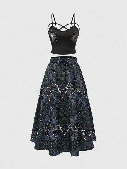 Goth Ensemble 2 pièces d'été grande taille pour femmes : Camisole imprimée de plantes gothiques et jupe mi-longue à taille élastique