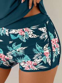 Swim Lushoire Women's 3pcs/Set Beach Vacation Floral Print Crop Top With Bikini Set For Summer