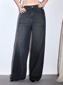 ROMWE Jeans femme taille basse, coupe ample et jambes larges, avec imprimé ailes croisées, style streetwear hip-hop chic Y2K - Gris - Voir 5