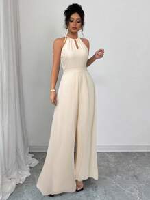 Elenzga 优雅通勤绿色V领系腰无袖雪纺拼接透视下摆连体裤，女款 - 杏色 - 查看 5