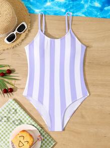 SHEIN 青少年女孩条纹泡泡网可调节肩带连体泳衣，适合度假、海滩、冲浪、游泳