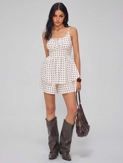 Roylia Women's Polka Dot Jacquard Ditsy Floral Ruffle Hem Casual Romper, Suitable For Home, Vacation, Garden