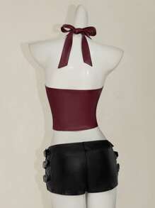 SHEIN ICON Women's Burgundy PU Leather Halter Criss Cross Crop Top: Asymmetrical Hem, Stylish And Edgy Cami For A Night Out