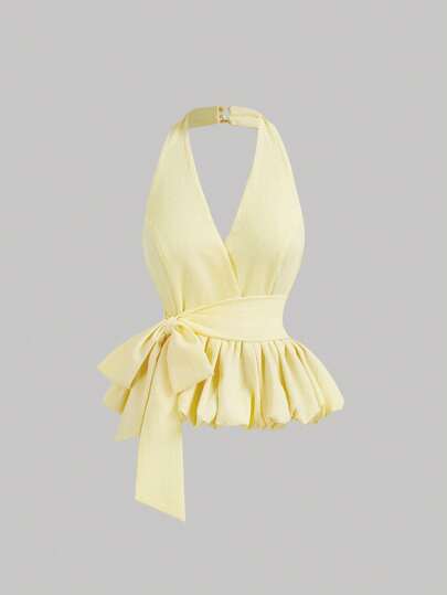 SHEIN MOD Top de mujer con cuello halter, bajo de burbuja y lazo oversize en color amarillo, ideal para citas, vacaciones, picnics, brunch, fiestas, estilo Y2K, top tubo, ropa de club, hombros descubiertos, invitada de boda, top lindo, crop top, vacaciones, estilo bohemio, conciertos de country, festivales de rave, brunch, vacaciones en la playa, verano europeo, tops de verano lindos