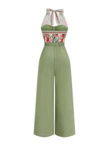 Celure Plus-size rozenprint contrasterende kleur strik voorkant elegante romantische wijde pijpen jumpsuit, nieuwe editie, Valentijnsdag
