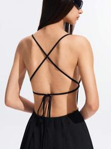 LYSMO 女士黑色露背吊带褶饰连衣裙 - 2025 春夏新品 - 黑色 - 查看 10