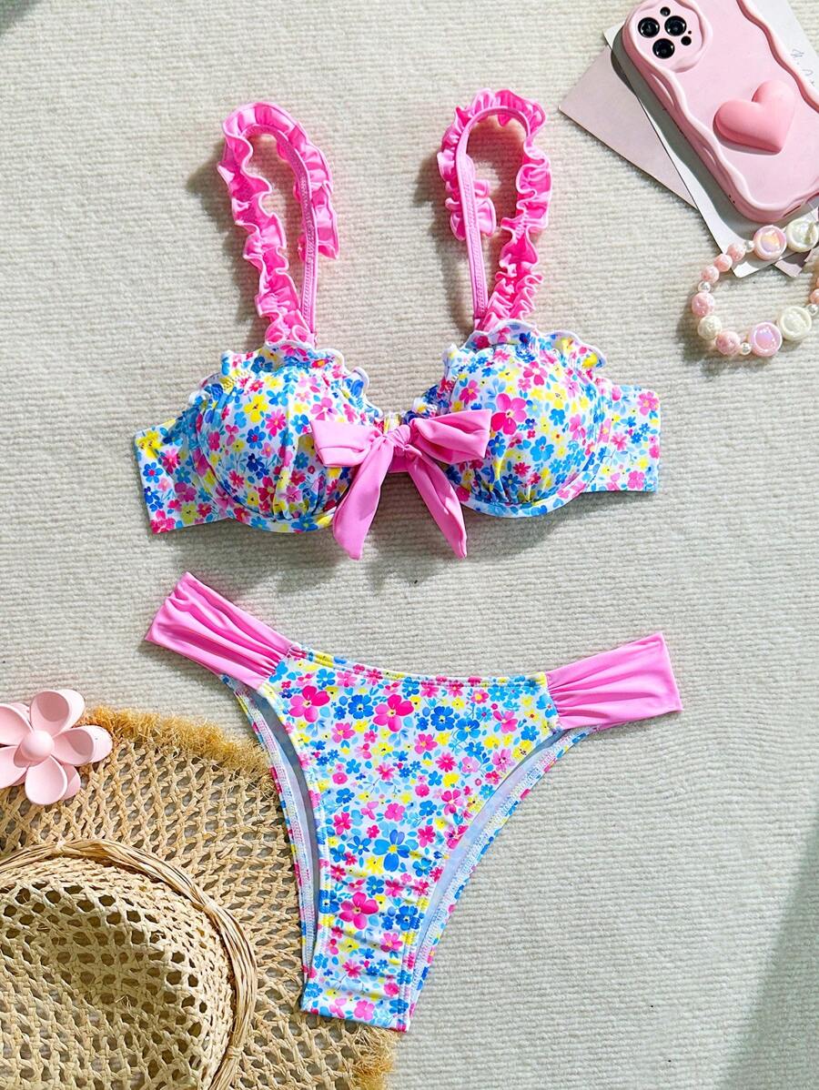 Swim Mod 女士碎花可爱比基尼套装，高腰高宽比比基尼泳装 - 彩色 - 查看 1