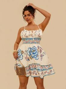 Travachic Vestido corto de playa para mujer de talla grande con cintura entallada y estampado tropical de flores, para el verano