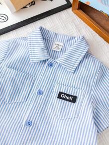 SHEIN 男童/女童休闲运动韩版polo领条纹大口袋短袖连体衣，适合春夏季室内外穿着 - 藍色 - 查看 7
