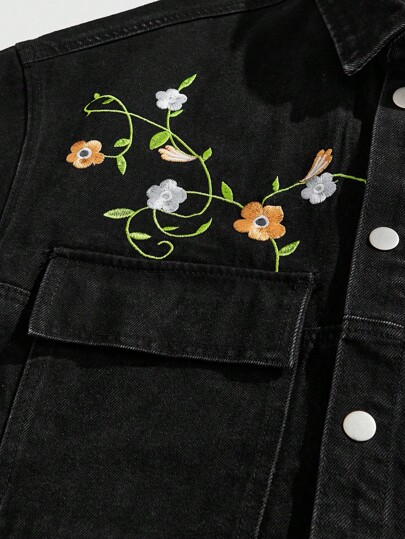 Street Life Men's Boxy Fit Embroidered Floral Denim Short Sleeve Shirt, Vacation