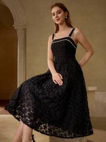 MOTF PREMIUM FAUX PEARL TRIM FLOWY DRESS - Black - View 5