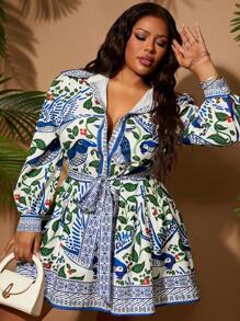 SHEIN SXY Robe courte à col chemise avec ceinture offerte, imprimé floral, oiseau, botanique, rétro, motif de porcelaine bleu et blanc. Coupe élégante et sexy, convient pour un usage quotidien. Tailles plus